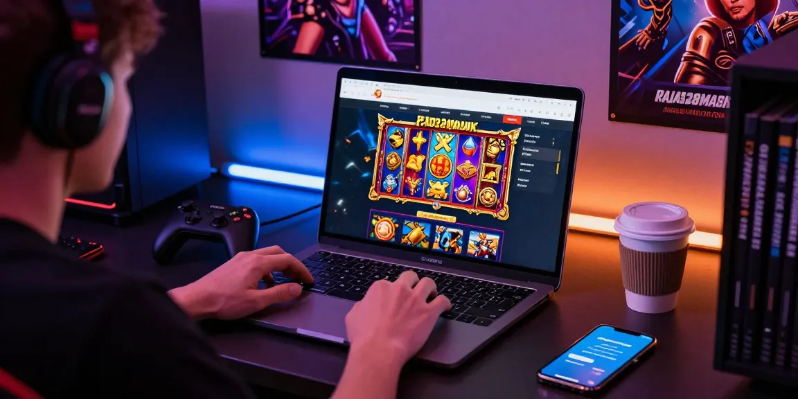 User engaged in gameplay on raja328masuk.com, vibrant gaming setup with laptop and gaming controller, energetic atmosphere.