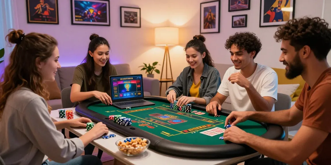 Un groupe d'amis passionnants profitant ensemble des jeux de casino en ligne dans une ambiance animée à la maison.