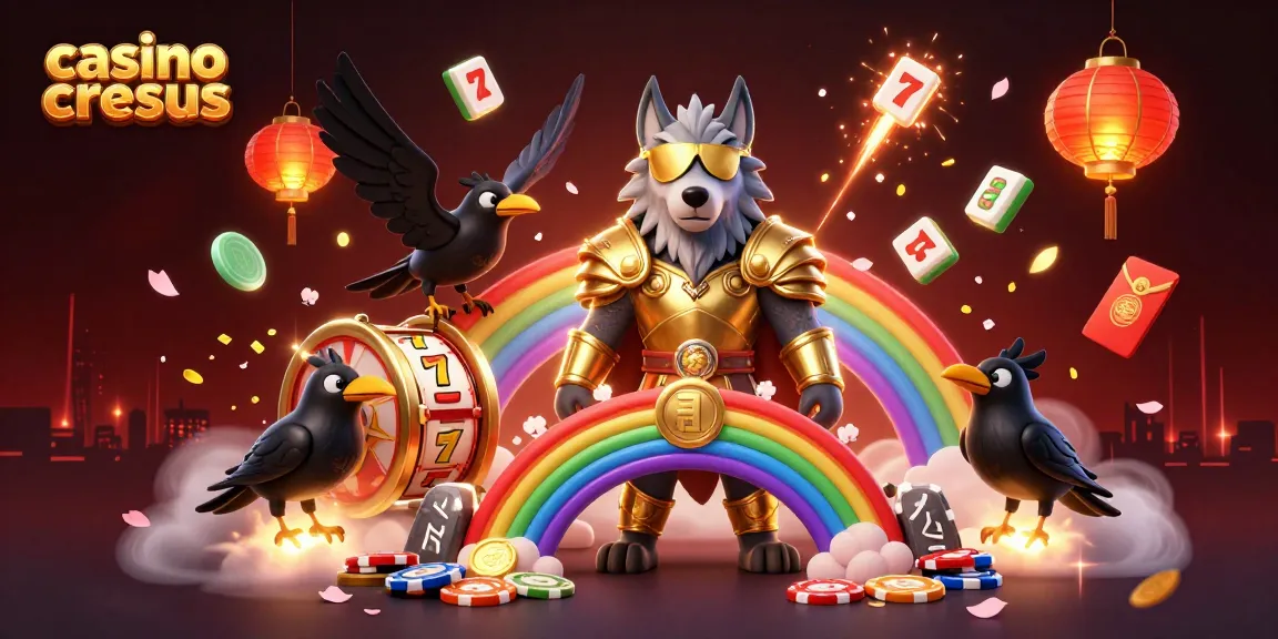 Découvrez l'excitation du casino Cresus avec Odin et des corbeaux entourés d'éléments de jeu vibrants.