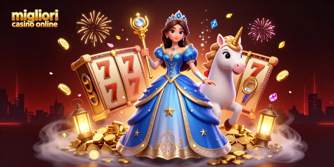 La scena presenta i migliori casino online con una donna glamour e un unicorno, circondati da elementi 3D a tema jackpot.