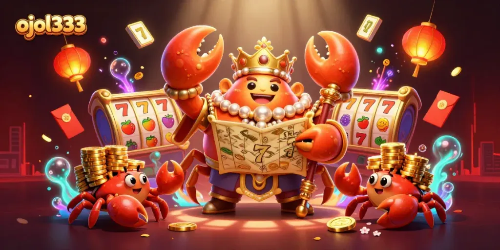 ojol333 offers an engaging casino scene with a golden crab emperor, slot reels, and vibrant game elements.