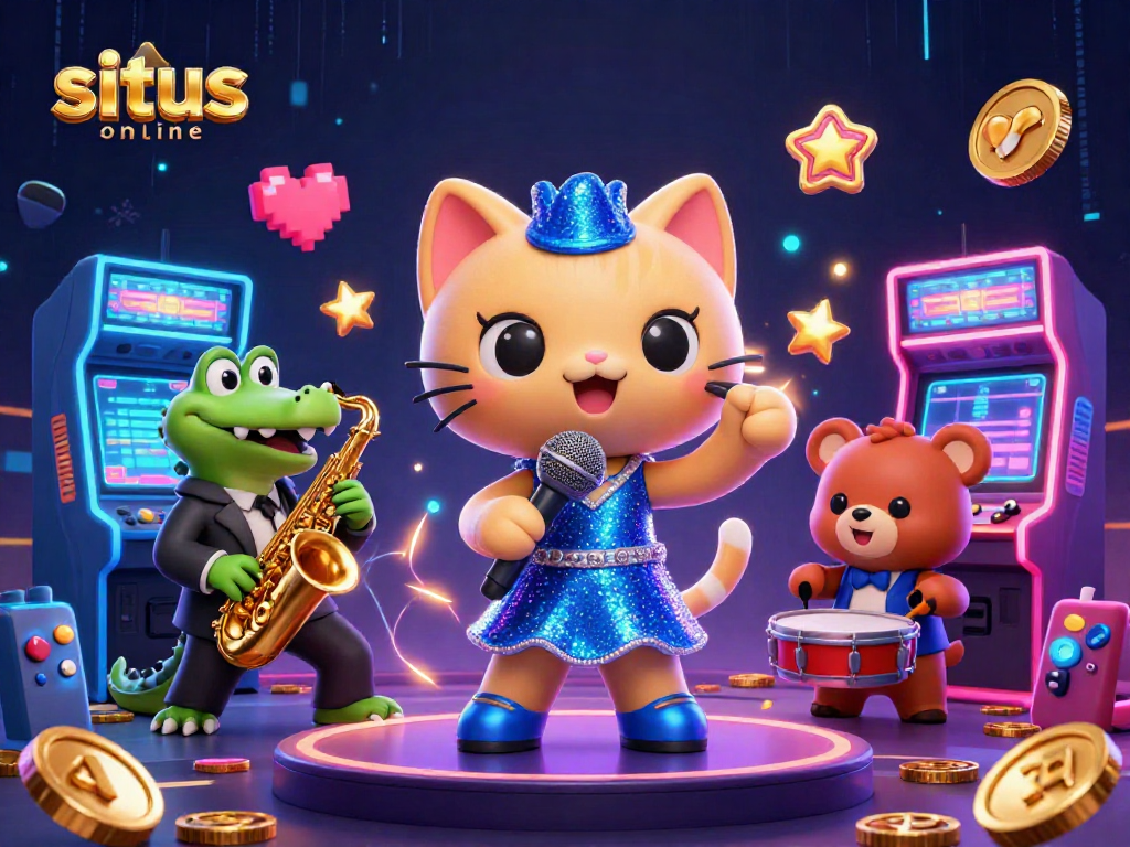 Menangi permainan di situs online dengan ilustrasi kasino menarik yang menampilkan karakter kartun.
