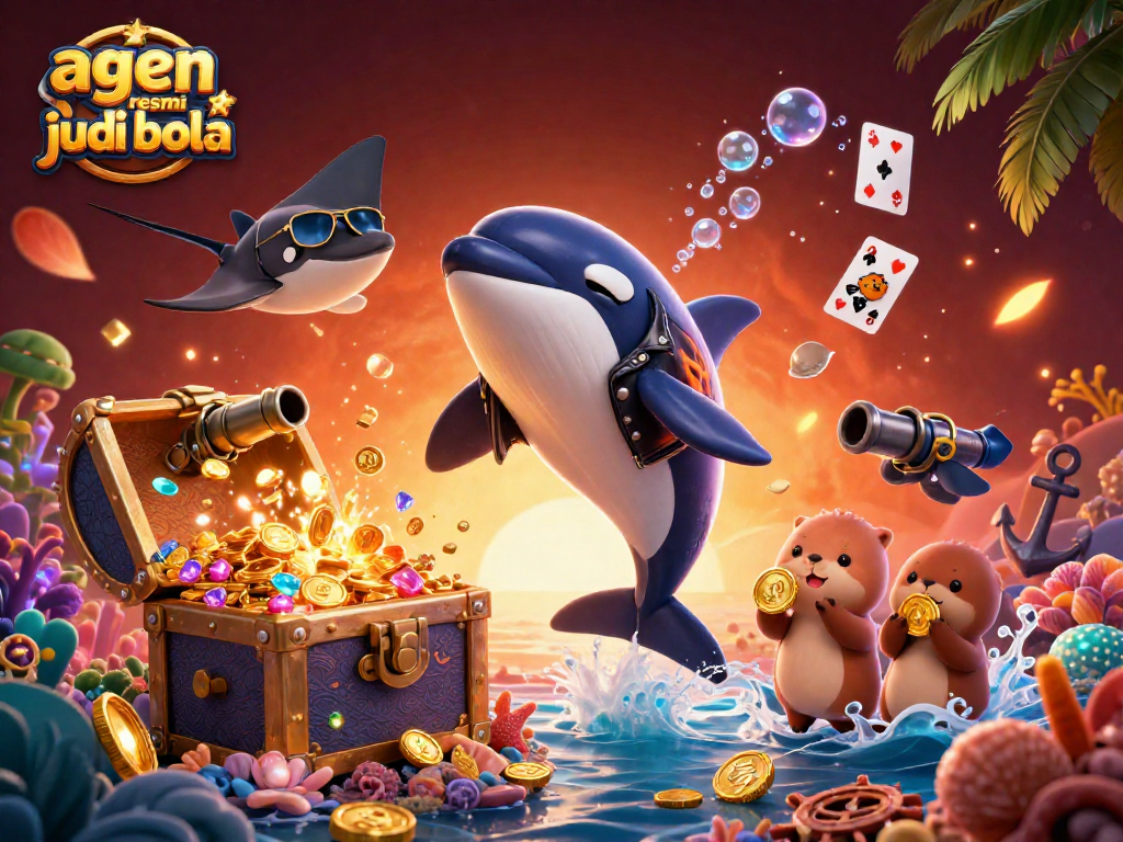 Engage with agen resmi judi bola as playful characters celebrate winning with gold coins.