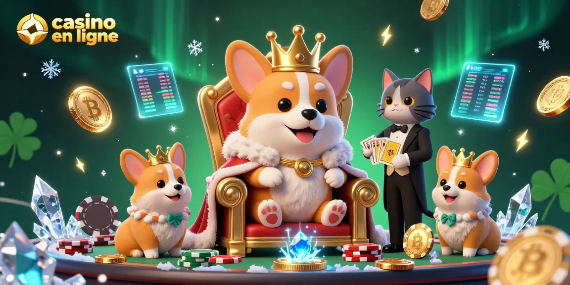 Découvrez l'excitation des casinos en ligne avec un corgi royal et des éléments de crypto dans cette illustration vibrante.