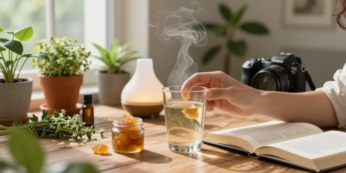 Shilajit resin being dissolved in warm water in a calming home environment.