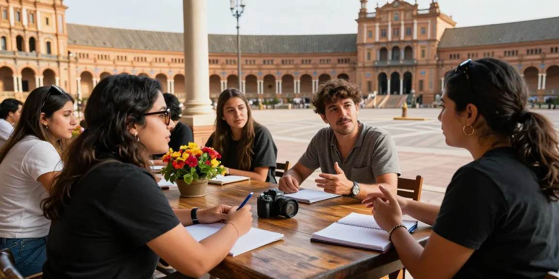 Cours d'espagnol en Espagne avec des étudiants apprenant dans un cadre extérieur vibrant, s'engageant avec la culture et la langue locales.