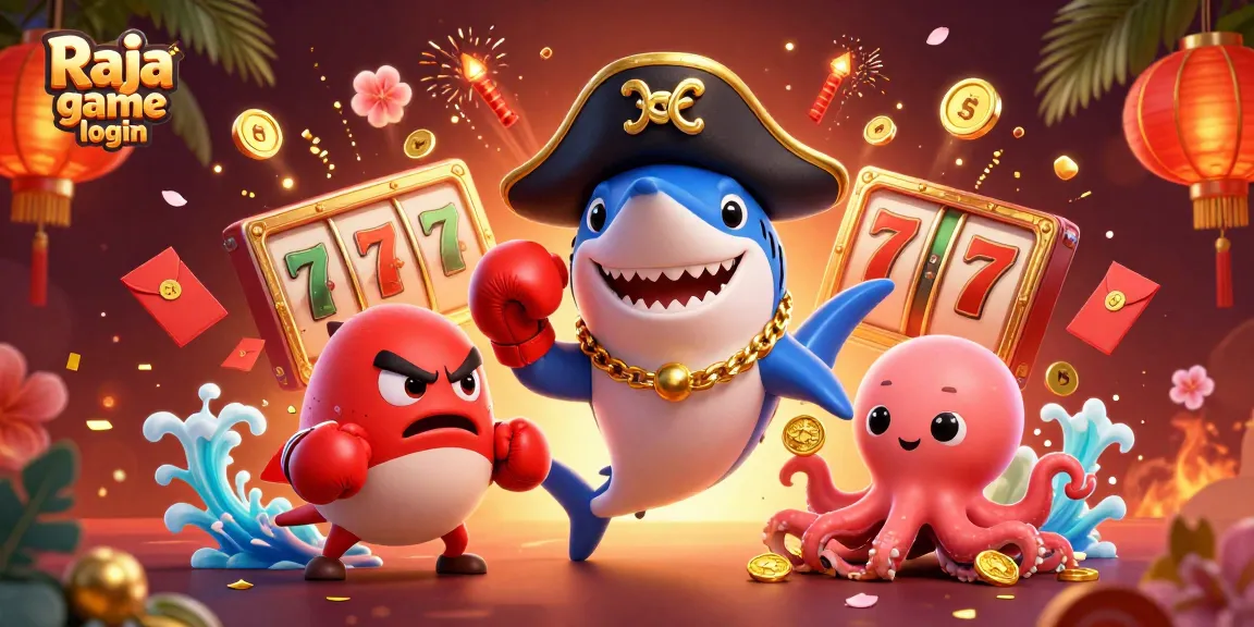 Access your rewards fast with Raja game login while enjoying vibrant casino-themed 3D characters and elements.