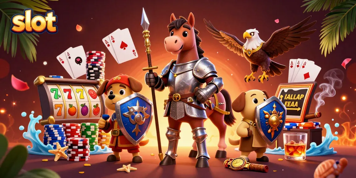 Experience thrilling slot action with a knight, puppy, and falcon amidst vibrant casino elements.