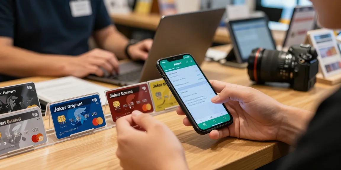 Joker card balance check using smartphone at retail counter amidst various Joker Prepaid Cards.