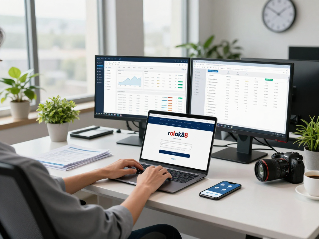 Accessing the rokok88 login page in a modern corporate office setting with a professional at a sleek desk.