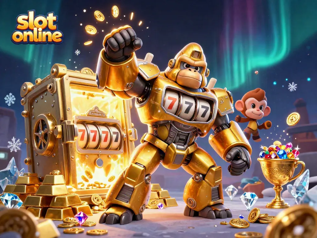 Spin and win on slot online with a dynamic 3D gorilla mech surrounded by treasures.