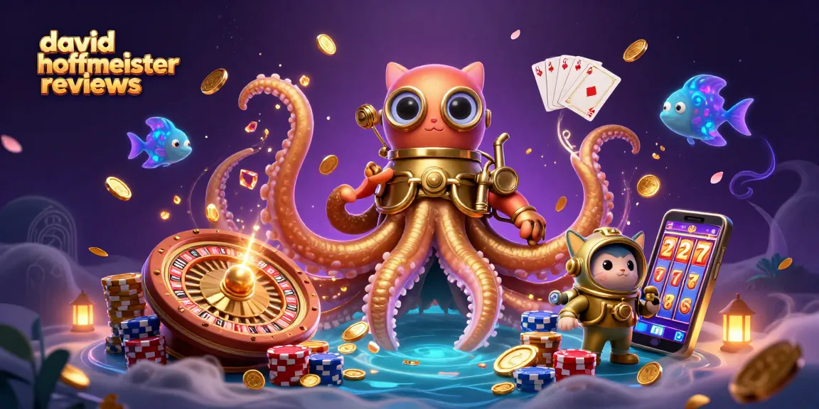 Engaging casino scene showcasing david hoffmeister reviews with a whimsical kraken, diving cat, and magical elements.