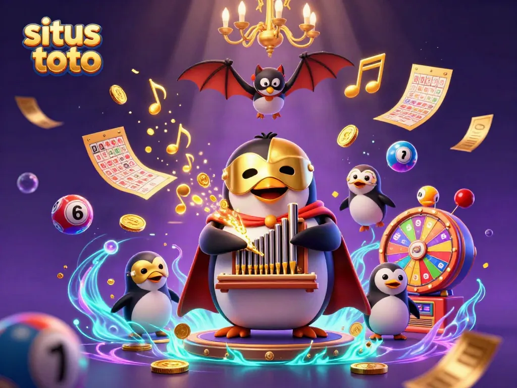 Find excitement in situs toto with a vibrant scene of a penguin playing music as winnings soar.