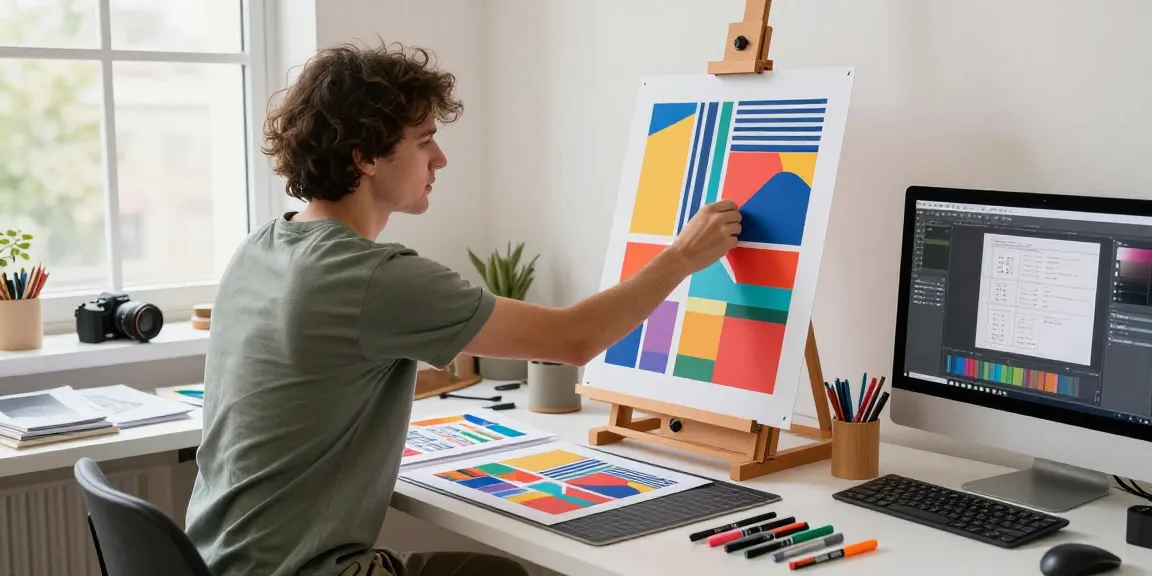Custom poster printing scene with designer adjusting vibrant graphics in a bright workspace, showcasing creative art supplies.