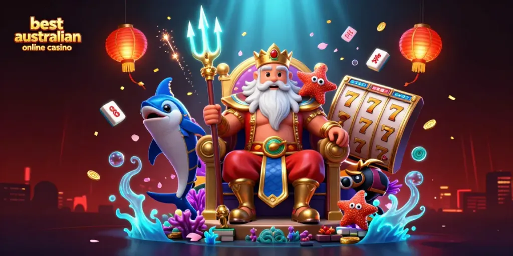 Engage in the best Australian online casino experience with Neptune amidst slot reels and festive decorations.