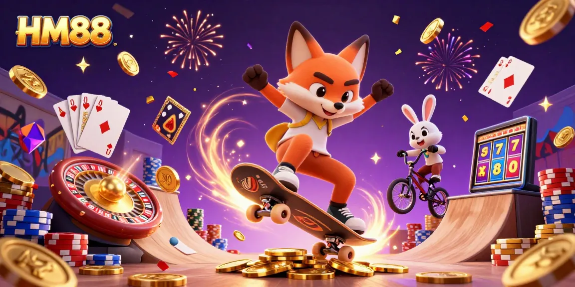 Experience thrilling gameplay at HM88 with a fox and rabbit amidst cascading casino elements.