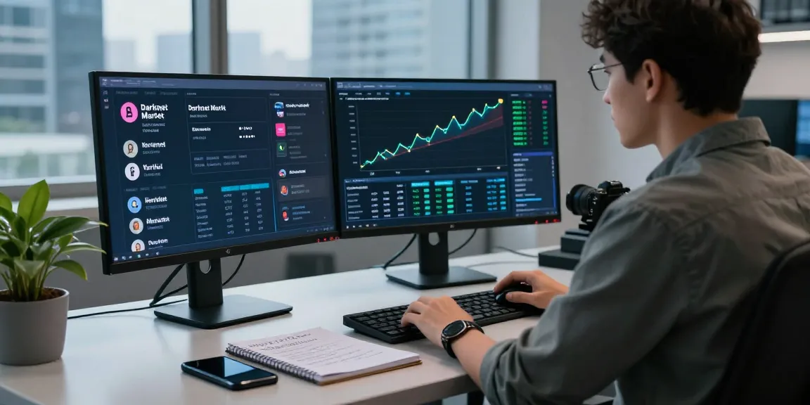 Best Darknet Markets 2026 analysis in a high-tech workspace showing market data and security protocols.
