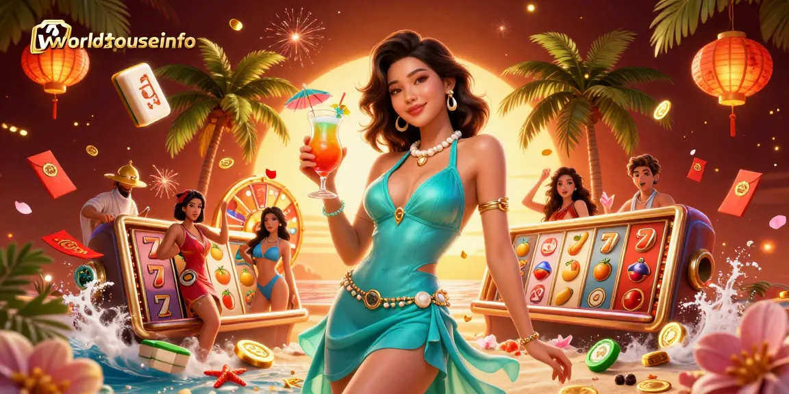 Experience tropical excitement with worldhouseinfo in a bustling casino scene filled with vibrant game symbols.