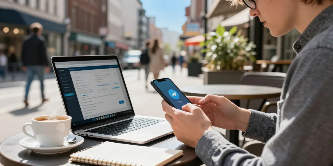 Engaged user seeking telegram china help at café with VPN setup.