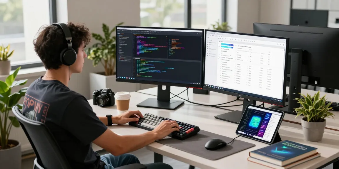 Innovative tech workspace featuring a developer using openclaw skill with dual monitors displaying code and design mockups.