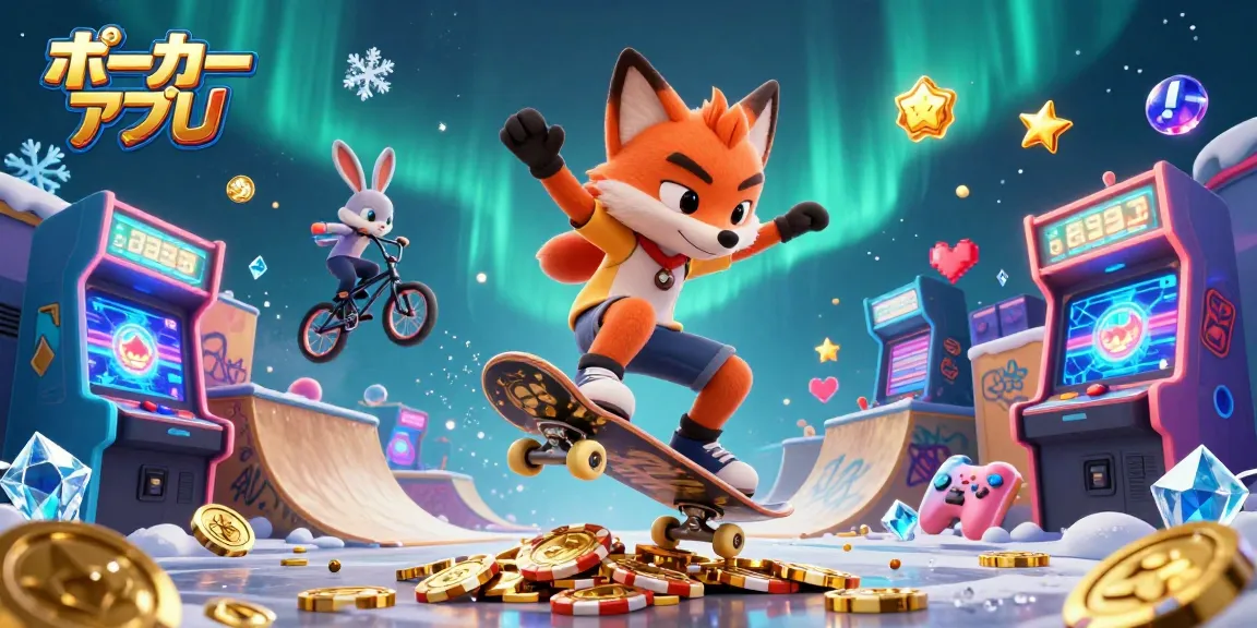 ポーカーアプリの魅力を表現した3Dイラスト。スケートボードをする狐とBMXのウサギのキャラクターが描かれている。