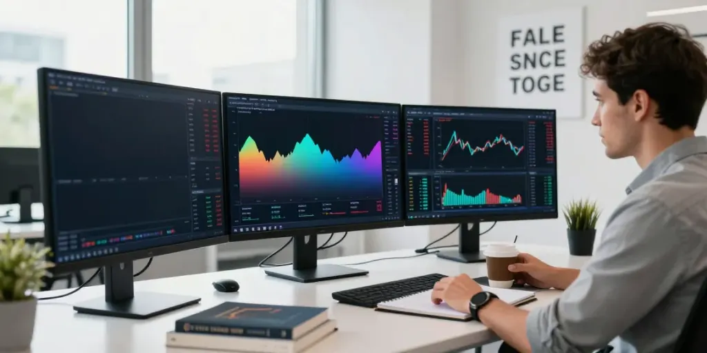Dynamic TradingView trading workspace with multiple monitors, trader analyzing charts.