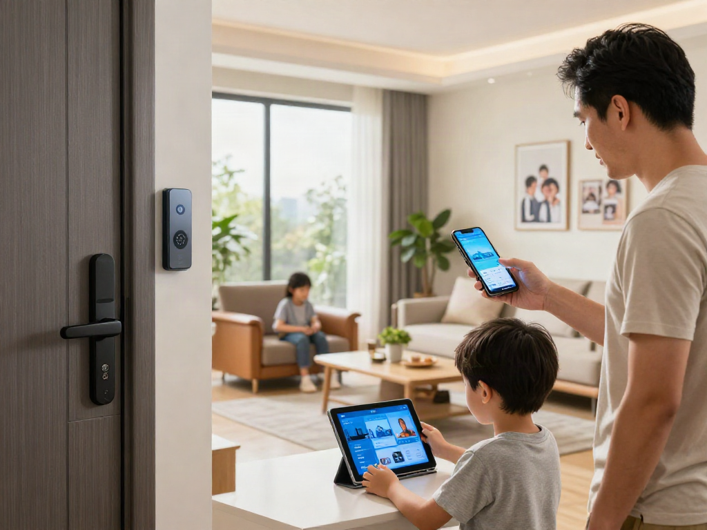 Family controlling قفل هوشمند in a modern smart home setting with interactive gadgets.