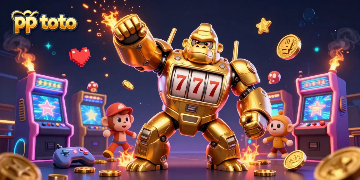 Engage with pp toto's golden gorilla mech amidst an explosive casino adventure scene.