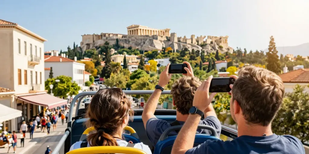 Engaging city bus tour in Athens with views of the Acropolis.