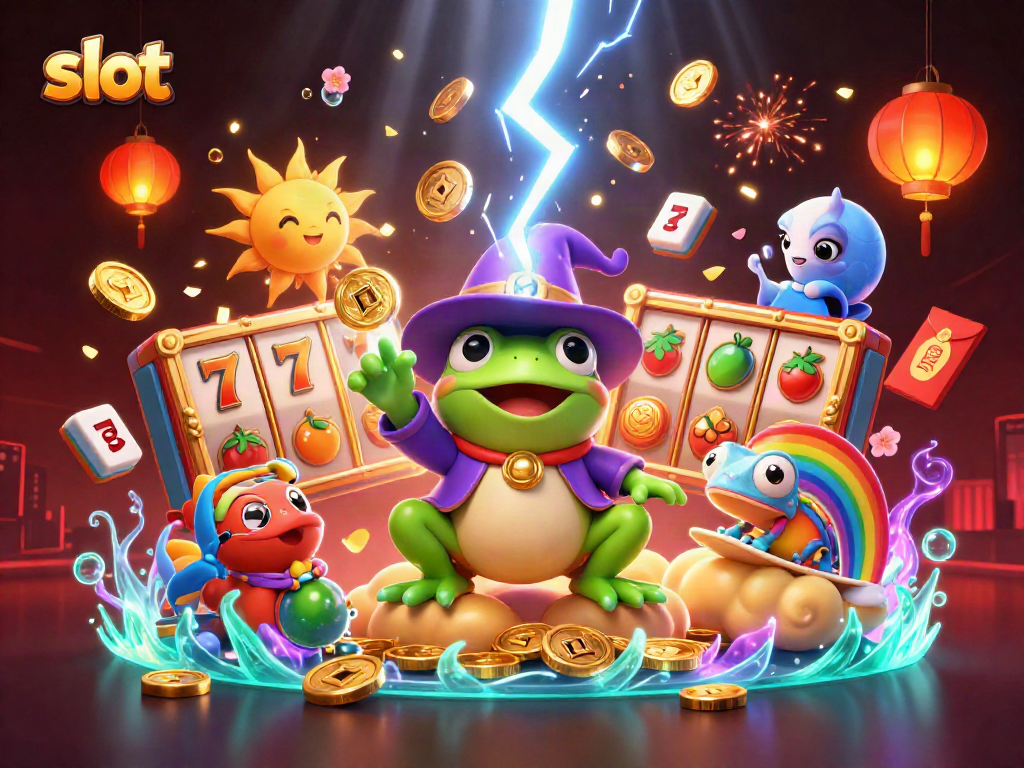 Engage with slot game excitement in a vibrant 3D cartoon scene featuring golden coins and whimsical characters.