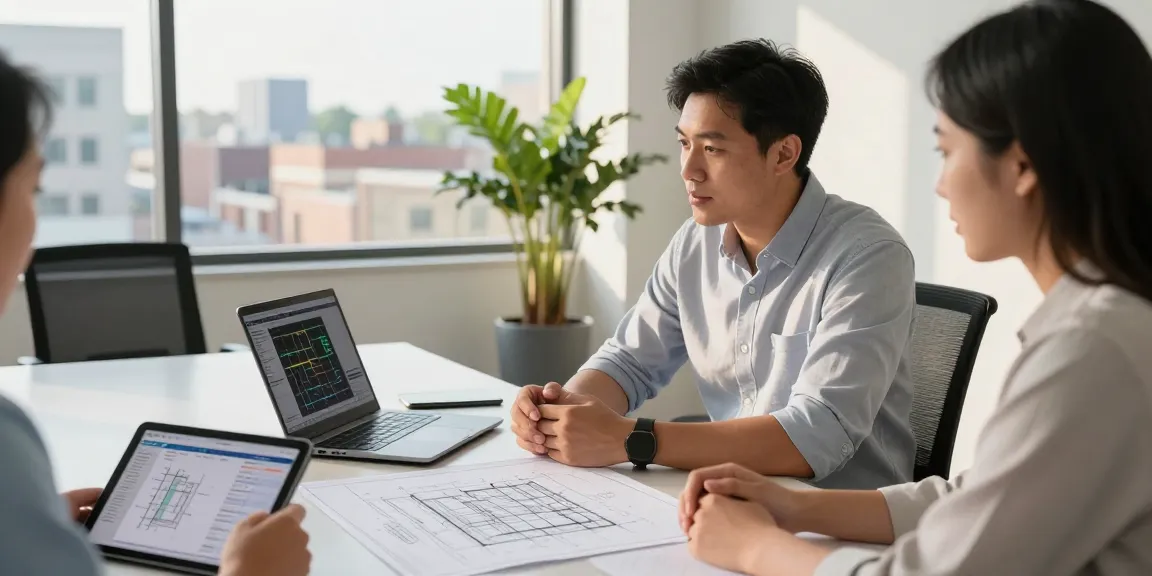 Engineer consulting on engineering services Missouri with blueprints and technology in a modern office.