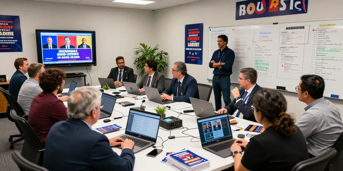 Engaged team planning streaming ads for political campaigns in a vibrant campaign headquarters