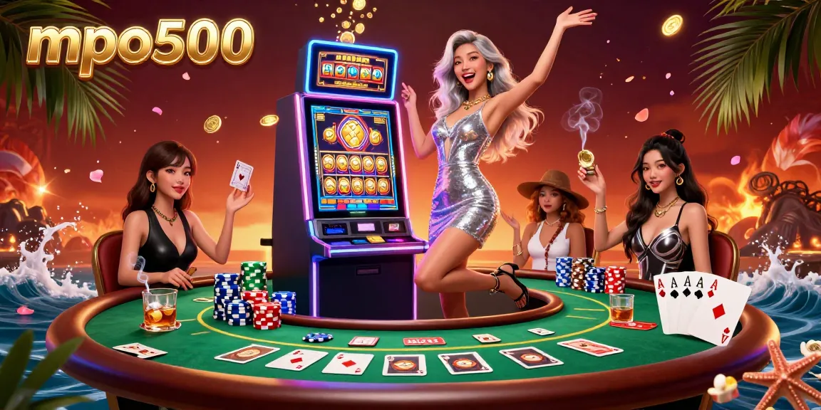 Play exciting games on mpo500 with vibrant slots and a jackpot-winning scene in a lively casino atmosphere.