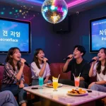 Friends enjoying a lively karaoke night at a 강남노래방 with vibrant lights and lyrics on screen.