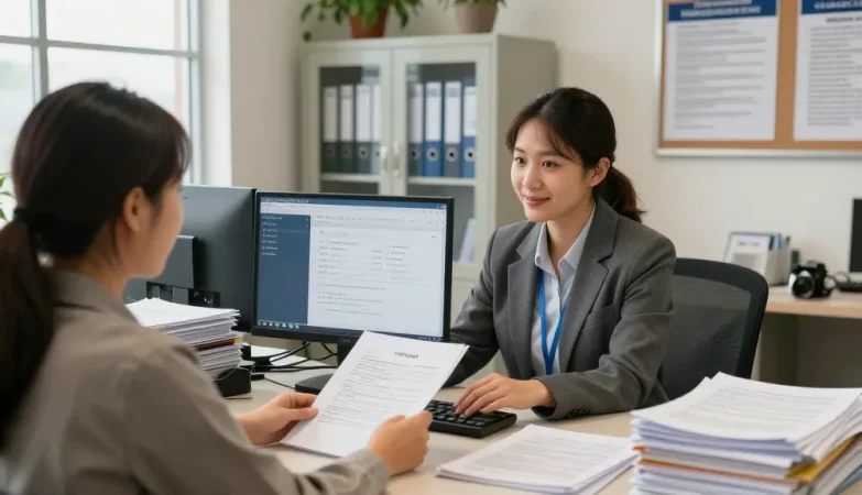 Best platform for your goverment documents rtps 4 assisting citizens in a modern office environment with official paperwork and digital displays.