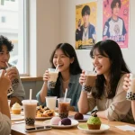 Friends exploring Asian pop culture at https://hanadultalk.com while enjoying tea and snacks in a cozy café.