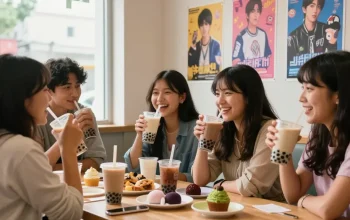 Friends exploring Asian pop culture at https://hanadultalk.com while enjoying tea and snacks in a cozy café.