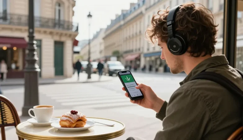Can A Tourist Buy High THC Weed Legally Online In France? Best Guide - A traveler exploring cannabis options in a Paris café.